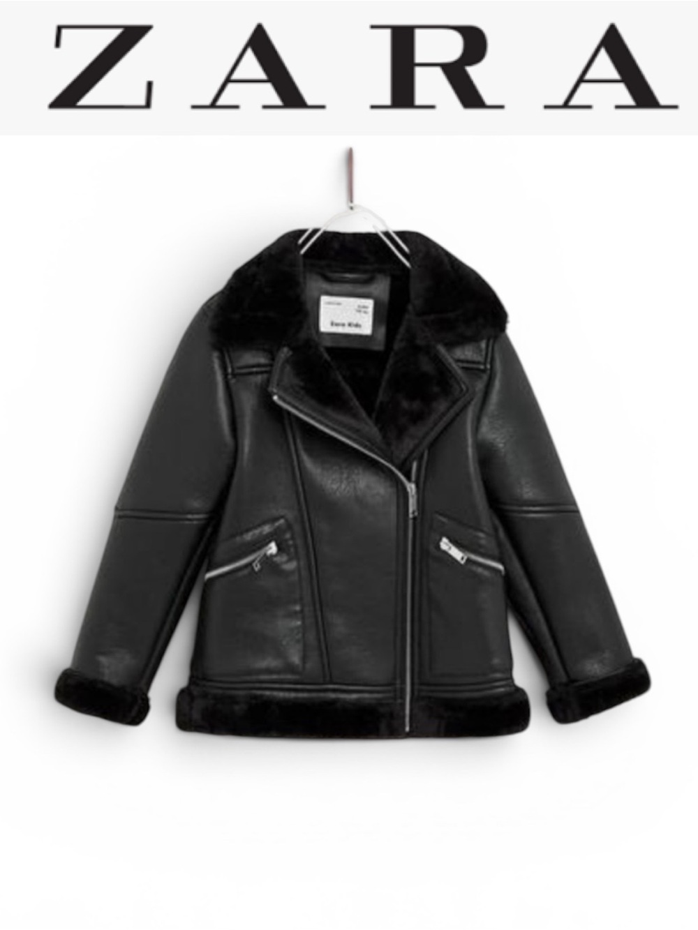 ZARA GIRLS BLACK FAUX LEATHER FULLY FUR LINED AVIATOR MOTO STYLE JACKET SIZE 8